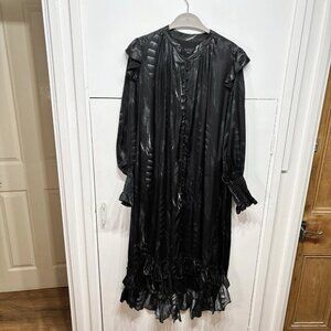 All Saints Lara Viola Dress Black Silk Blend Midi Feather Print Oversized UK 8